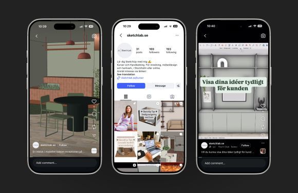 Tre mobilskärmar visar SketchLabs Instagram-konto med inlägg om SketchUp-tips, 3D-modeller och visualiseringar för inredning och hantverk.